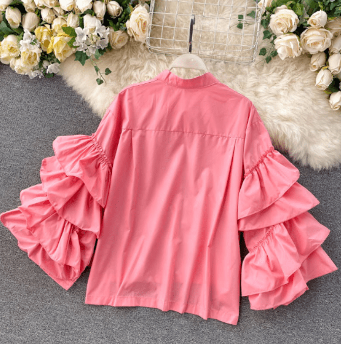 Free / Pink Latest Design Fashion Loose Ruffle Flare Sleeves Women Casual Blouse