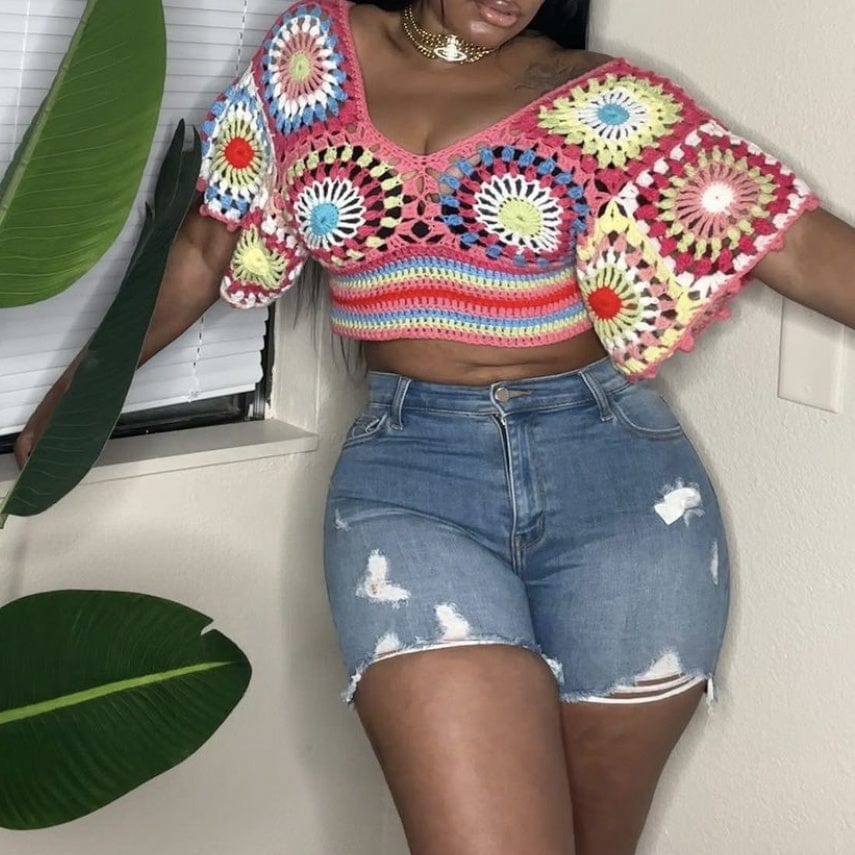 Free / Pink New Summer Fashion Color Block Women Pullover Knitted Top V Neck Short Sleeve Cropped Crochet Sweater