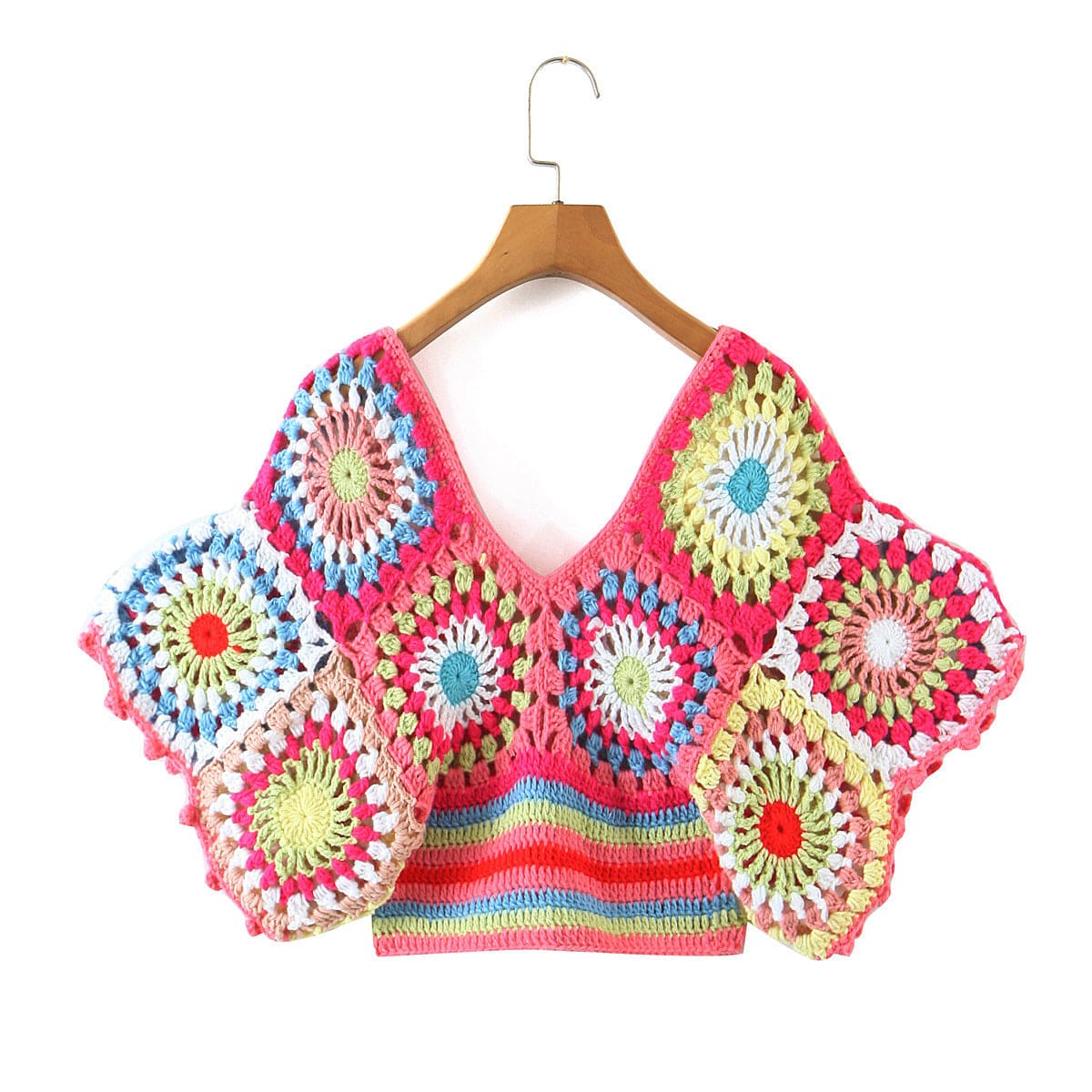 Free / Pink New Summer Fashion Color Block Women Pullover Knitted Top V Neck Short Sleeve Cropped Crochet Sweater
