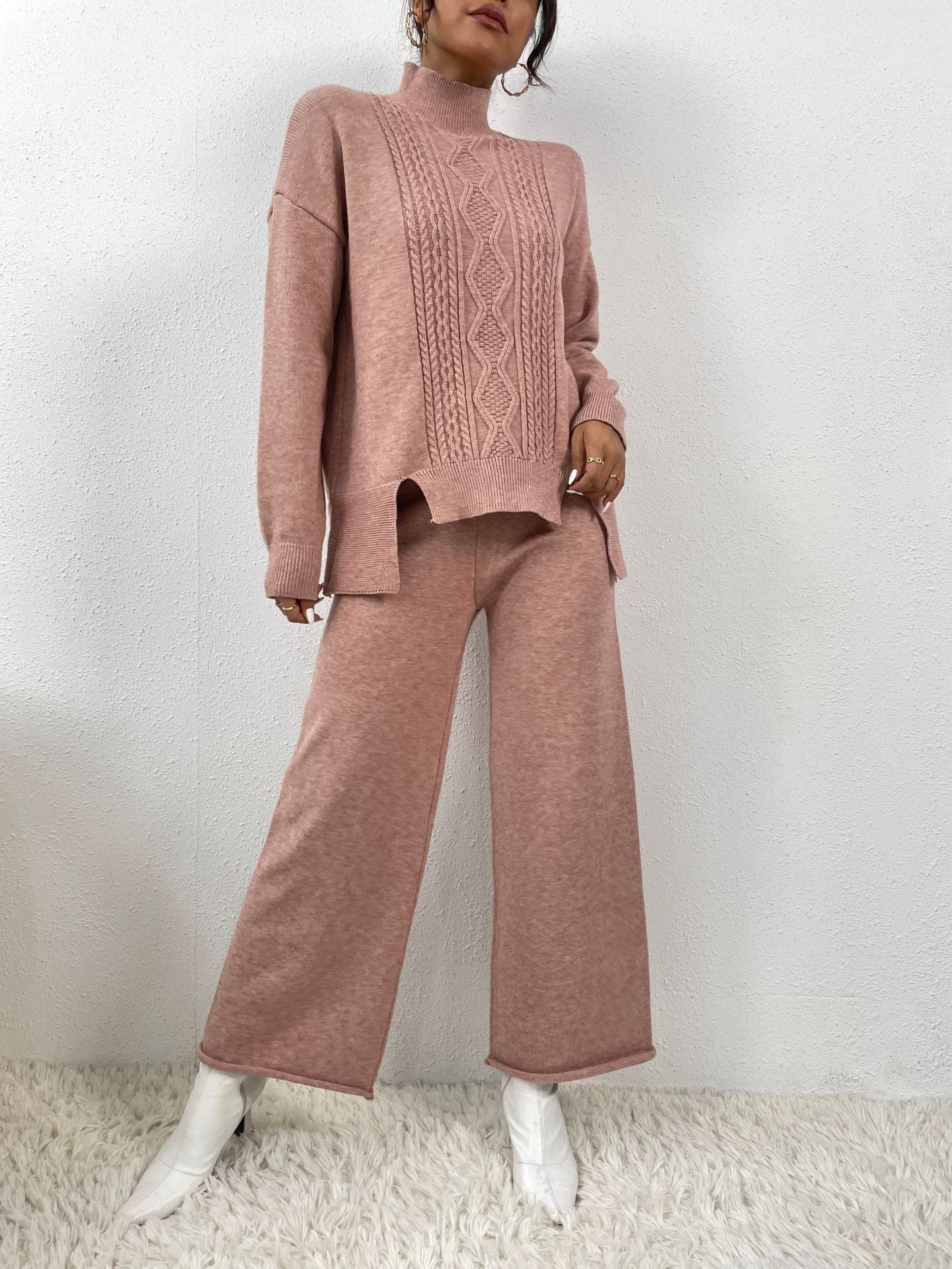 Free / Pink One size  Autumn/Winter Knit Set Casual loose Fried Dough Twists high neck wide leg pants sweater two-piece set