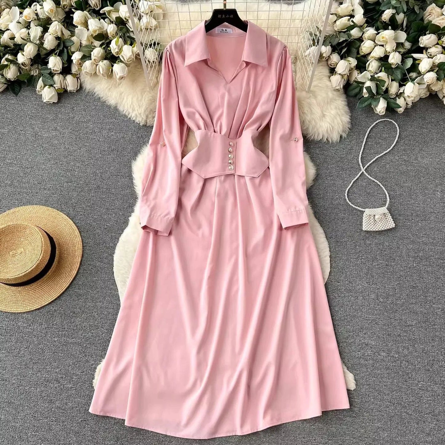 Free / Pink One size  Retro style high-end dress Polo collar long sleeved waist cinched A-line large hem shirt dress