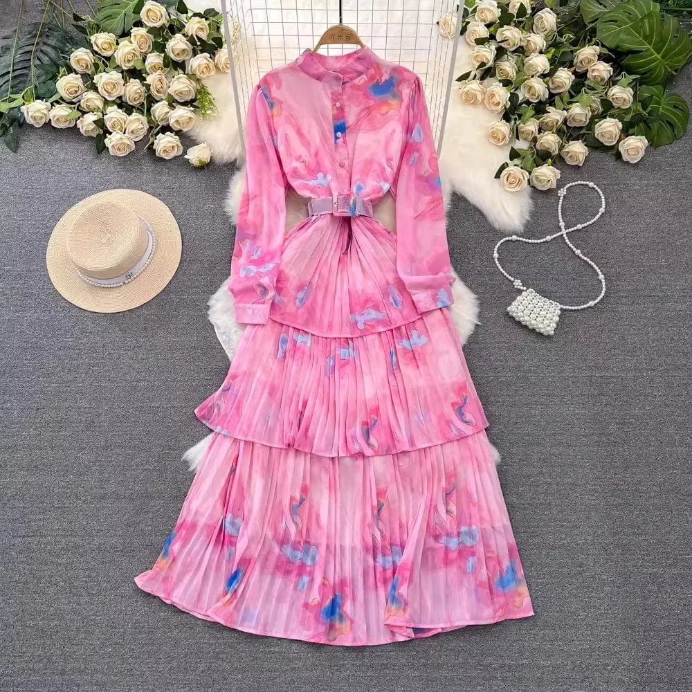 Free / Pink One size  Spring and Autumn Long sleeved Standing Neck Waist Collection A-line Printed Dress Ruffle edge cake chiffon dress