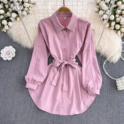 Free / Pink One size  Spring new mid length collection waist shirt retro lapel long sleeved top