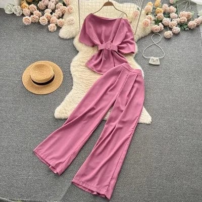 Free / Pink Ons size Mature Girl Royal Sister Set Summer New One Shoulder Off Shoulder Top Versatile Wide Leg Pants Two Piece Set