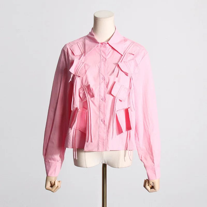 Free / Pink OUDINA New Fashion Drawstring Pleated Tassel Lapel Long-sleeved Ladies Single-breasted Cropped Shirt Women