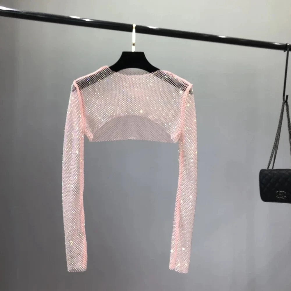 Free / Pink / Polyamide W-S1141A Women Colorful Rhinestones Long Sleeve Crop Top Glitter Drill Shawls Shrug See Through Fishnet Cover Up Clubwear