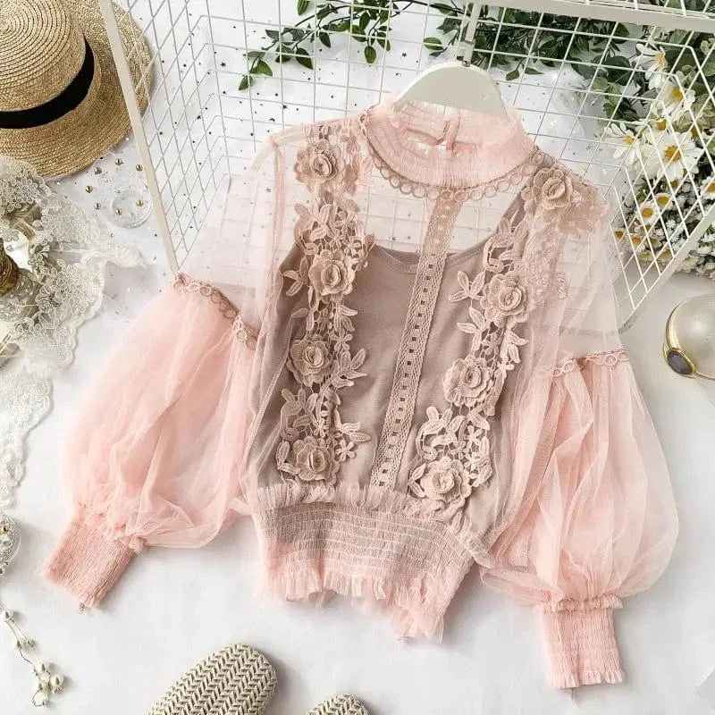 Free / Pink / Polyester / Cotton Sweet mesh half-high collar three-dimensional lace flower Western style lantern sleeve base sling two-piece lace shirt top