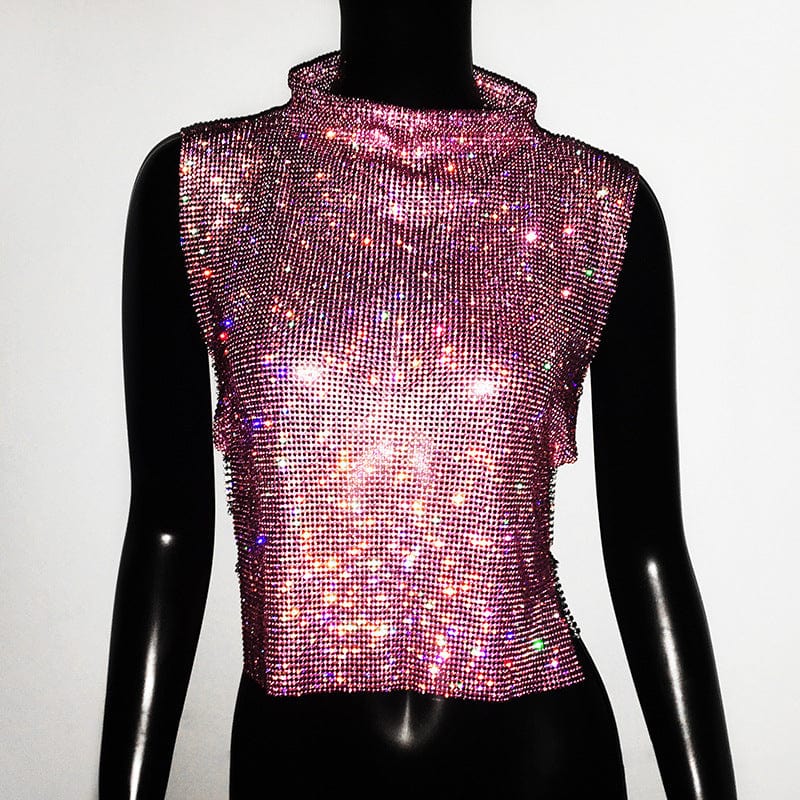 Free / Pink SHIHAN Diamante chainmail high neck top 7 colors rhinestone gold metallic crop top women sparkle shiny vest