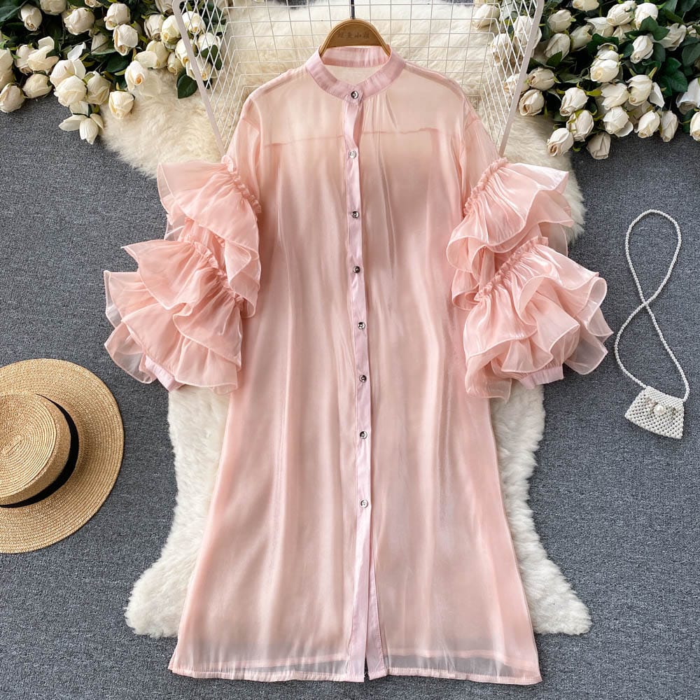 Free / Pink Spring New European And American French Lotus Leaf Sleeve Loose Shirt Casual Dress