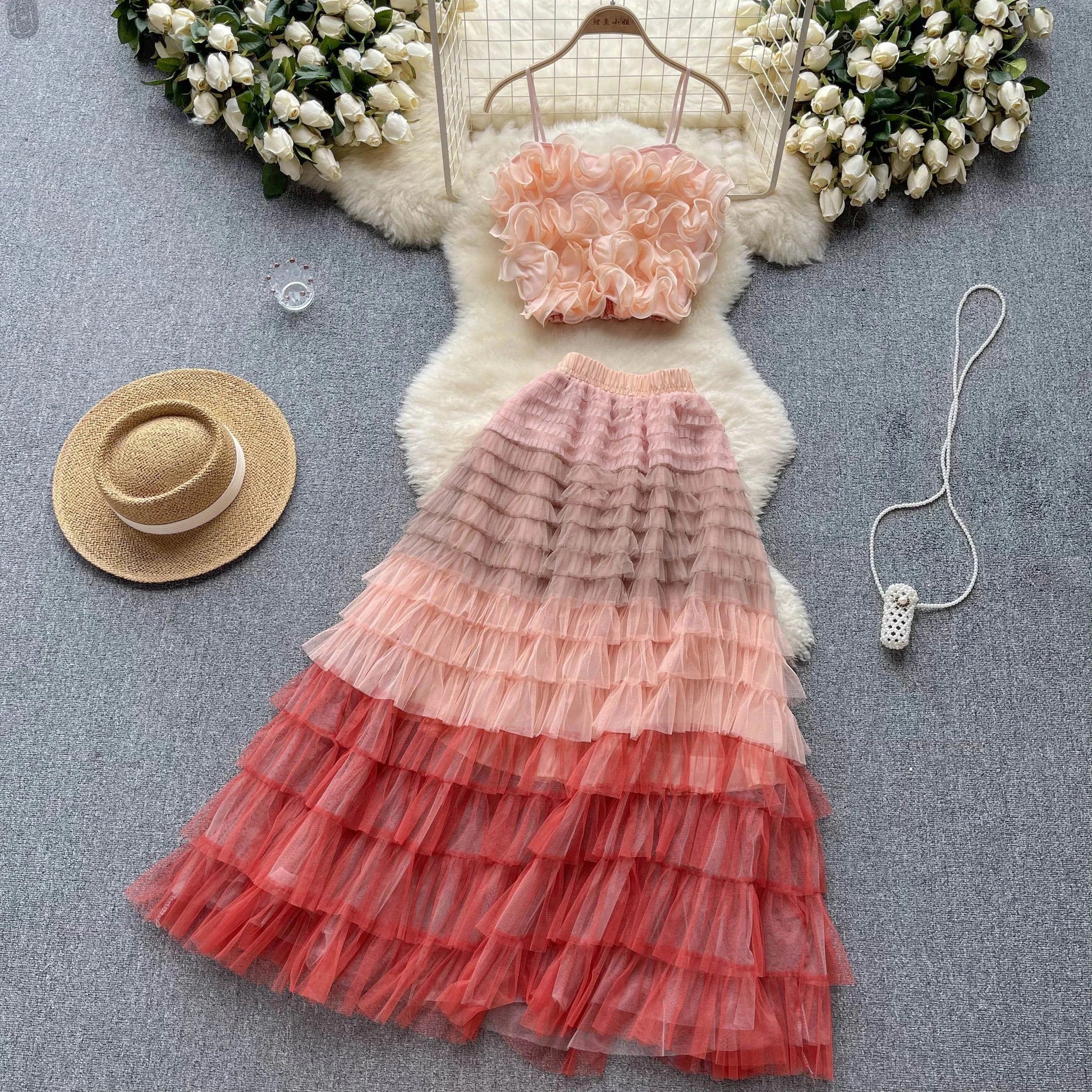 Free / Pink Suit Female Three-Dimensional Flower Net Yarn Suspender Small Vest Fairy Net Yarn Long Skirt Two-Piece Set