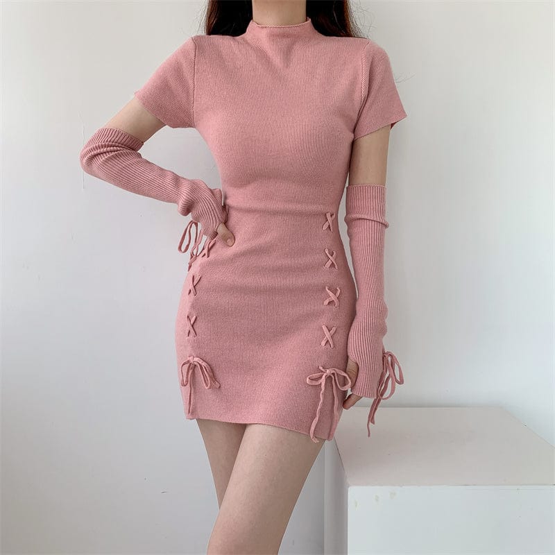 Free / Pink Sweet Cute O-Neck Bodycon Dress for Women Clothing Separate Sleeveless Sweater Pink Sexy Knitted Mini Dress Sexy Winter