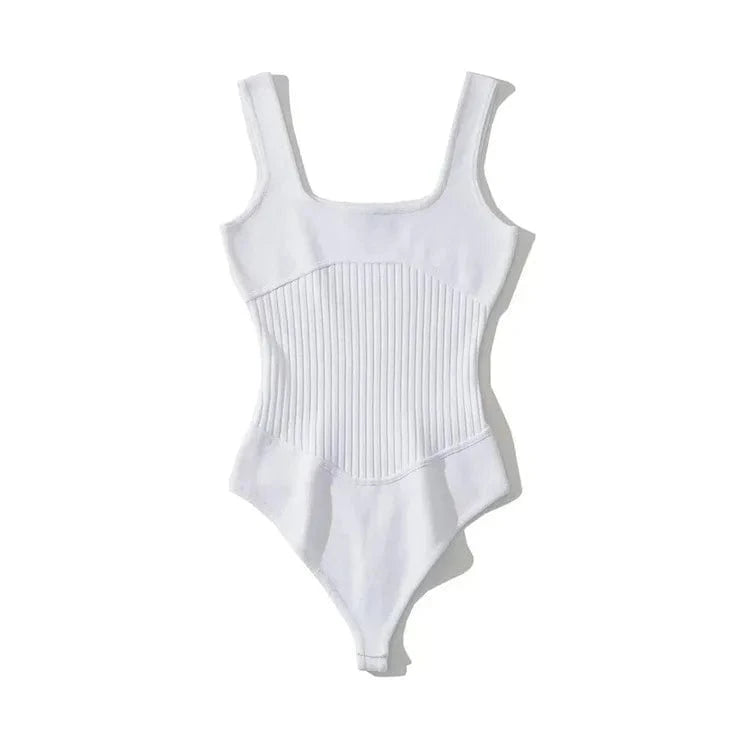 Free / Pure-White Corset Design Fashion Cotton Ribbed Waist Brown Fitness Tight Feel Sleeveless Square Neck Underwear Women Bodysuit