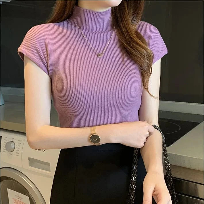 Free / Purple 2023 Summer new semi-high collar bottoming shirt women's short-sleeved knitwear tight sweater short slim top