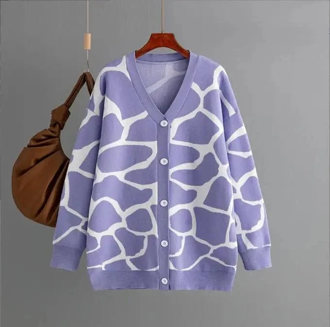 Free / Purple 2024 Best-Selling Women Autumn and Winter Line Pattern Cardigan Single Breasted V-neck Long Sleeve Casual Loose Knitted Coat