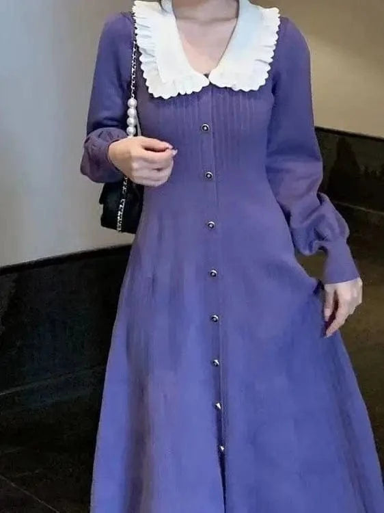 Free / Purple 2024 New Gentle Style Retro Lapel Knitted Waist Slimming Dress Niche Lantern Sleeve Long Dress for Women