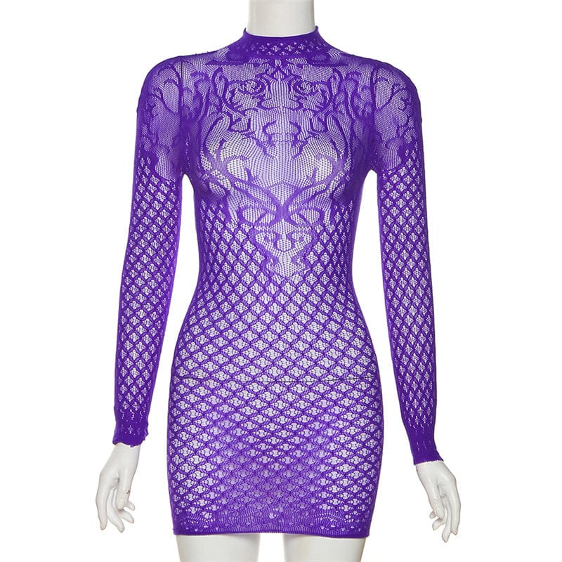 Free / Purple C1877 Spring 2023 Women's New Sexy Hollow Round Neck High Waist Short Dress Night Club