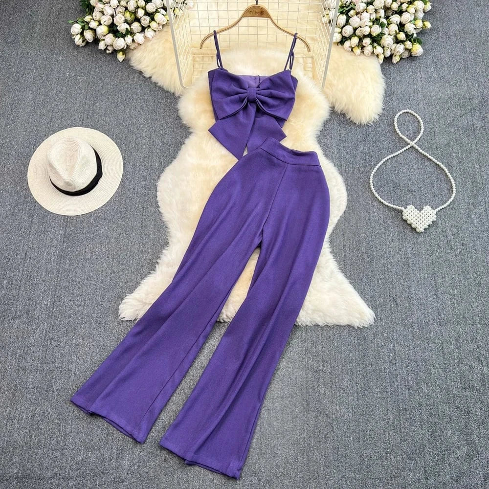 Free / Purple Casual Set Of Female Casual Pants Pants Two-piece Bow Top Set
