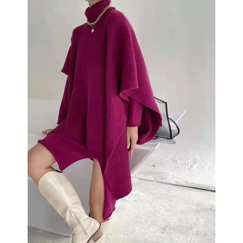Free / Purple Fall ladies knitwear elegant turtleneck poncho 2 piece dress set vintage long sleeve ribbed knit sweater dress women clothing