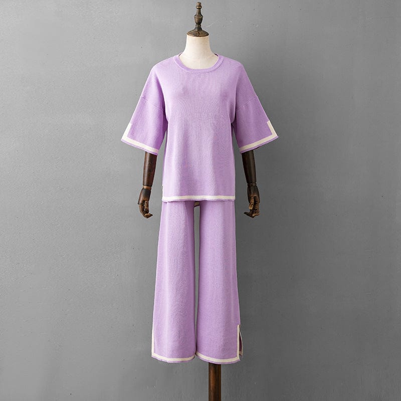 Free / Purple GX3204 Good Quality 2023 Women's Knit Outfit Spring Summer Casual Short Sleeve Loose Tops and Wide-leg Pants 2 Piece Set