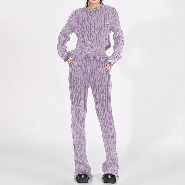 Free / Purple High Quality Vintage Fall Winter Outfit Rib Long Sleeve Crop Top Flare Pant Women Knitted Sweaters Two 2 Piece Set