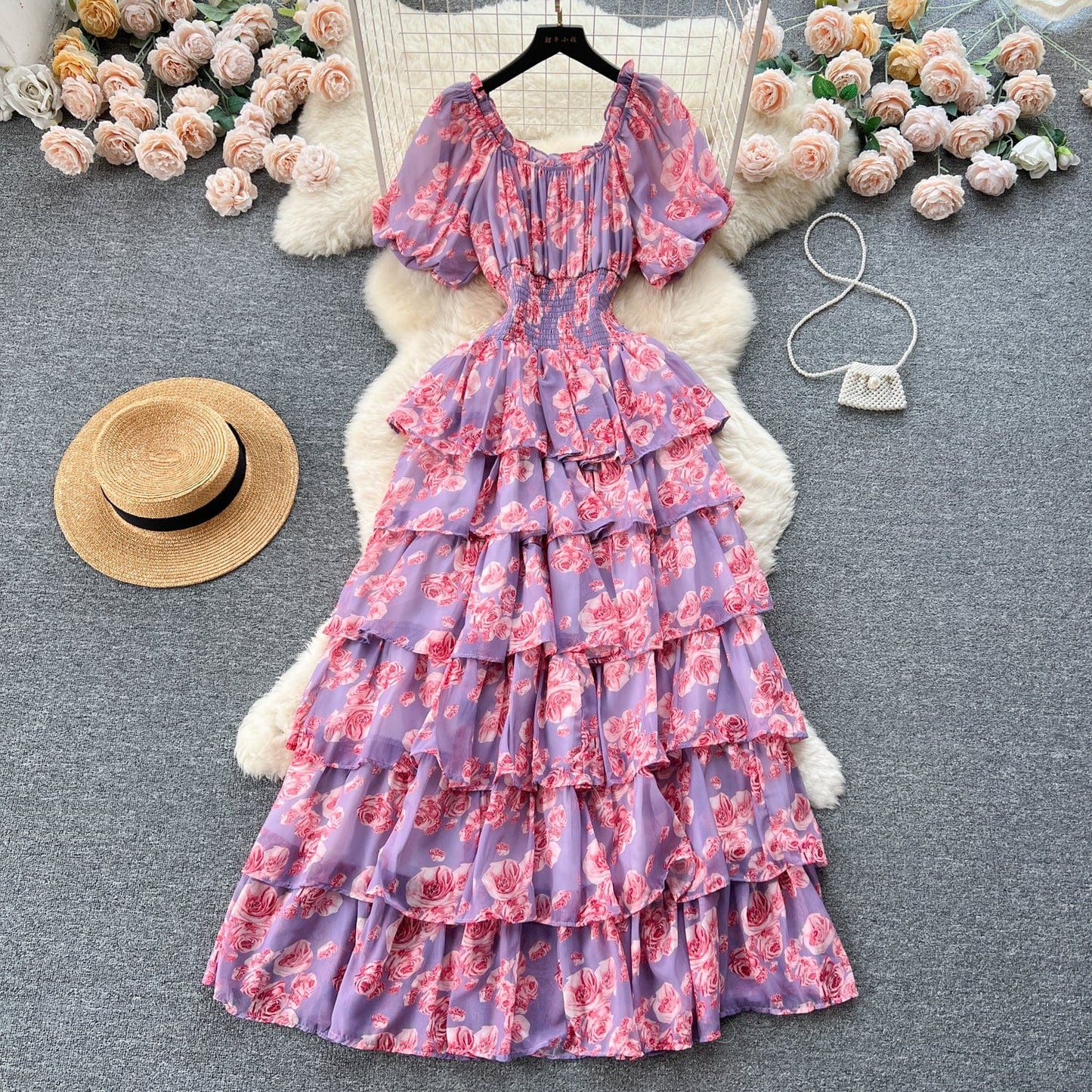 Free / Purple New Retro Romantic Sense Floral Dress Female Summer Bubble Sleeve Waist Design Niche Chic SeniorSsense Cake Dress