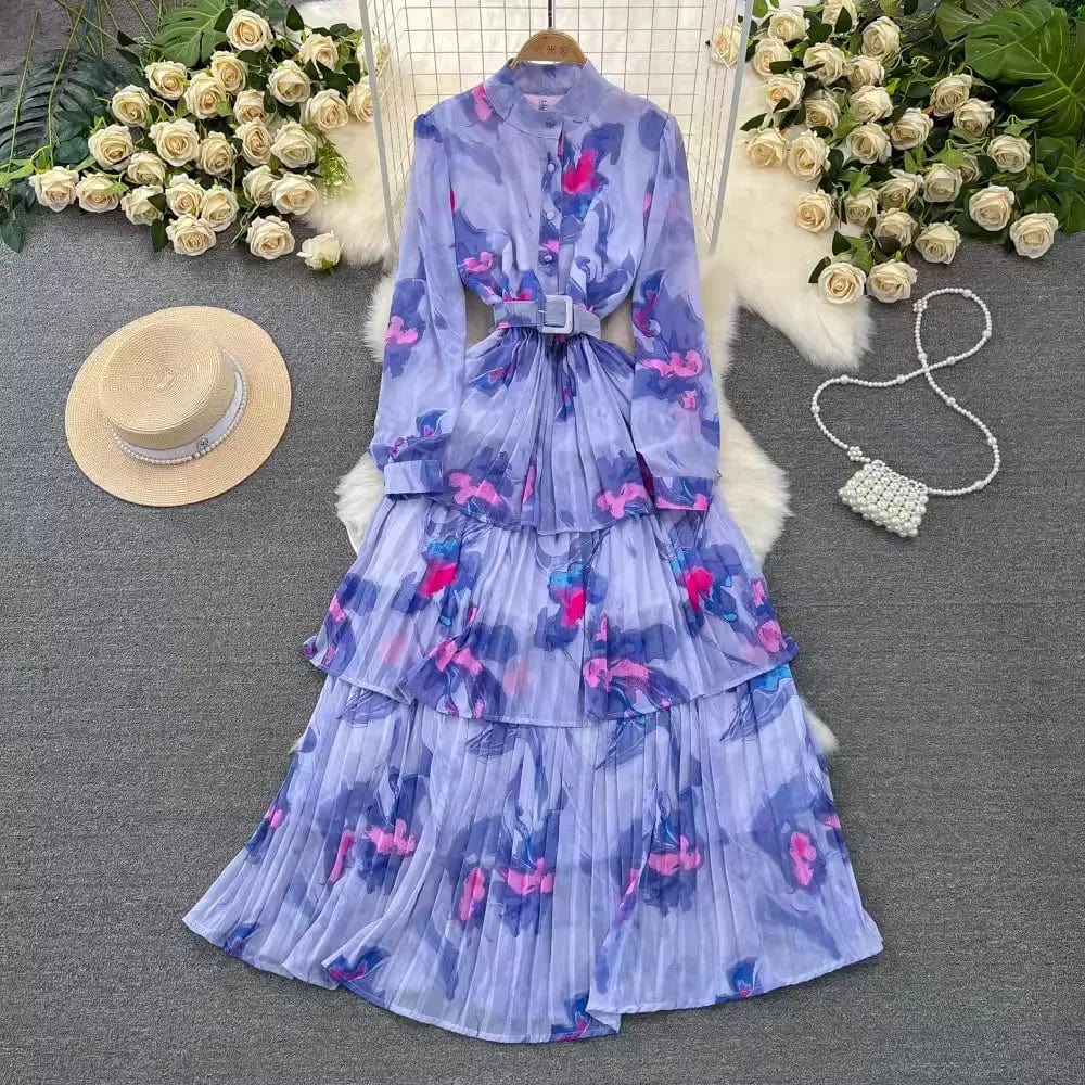 Free / Purple One size  Spring and Autumn Long sleeved Standing Neck Waist Collection A-line Printed Dress Ruffle edge cake chiffon dress