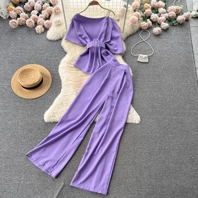 Free / Purple Ons size Mature Girl Royal Sister Set Summer New One Shoulder Off Shoulder Top Versatile Wide Leg Pants Two Piece Set