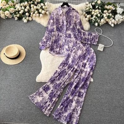 Free / Purple Ons size Spring/Summer Loose Pleated Shirt+Bra+Draping High Waist Pants Pure Desire Fashion Women's Set