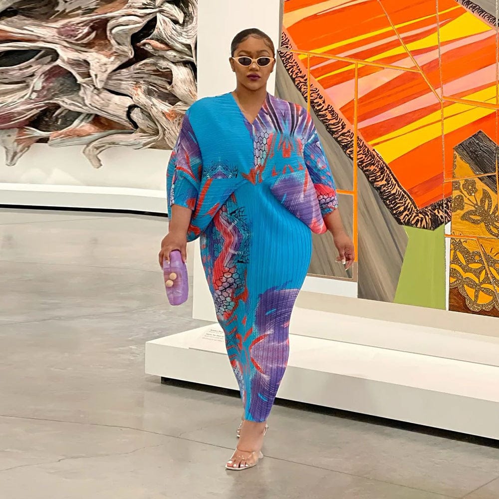 Free / Purple OUDINA Wholesale USA Womens Autumn Miyake Print Plus Size Casual Pleated Dresses For Women
