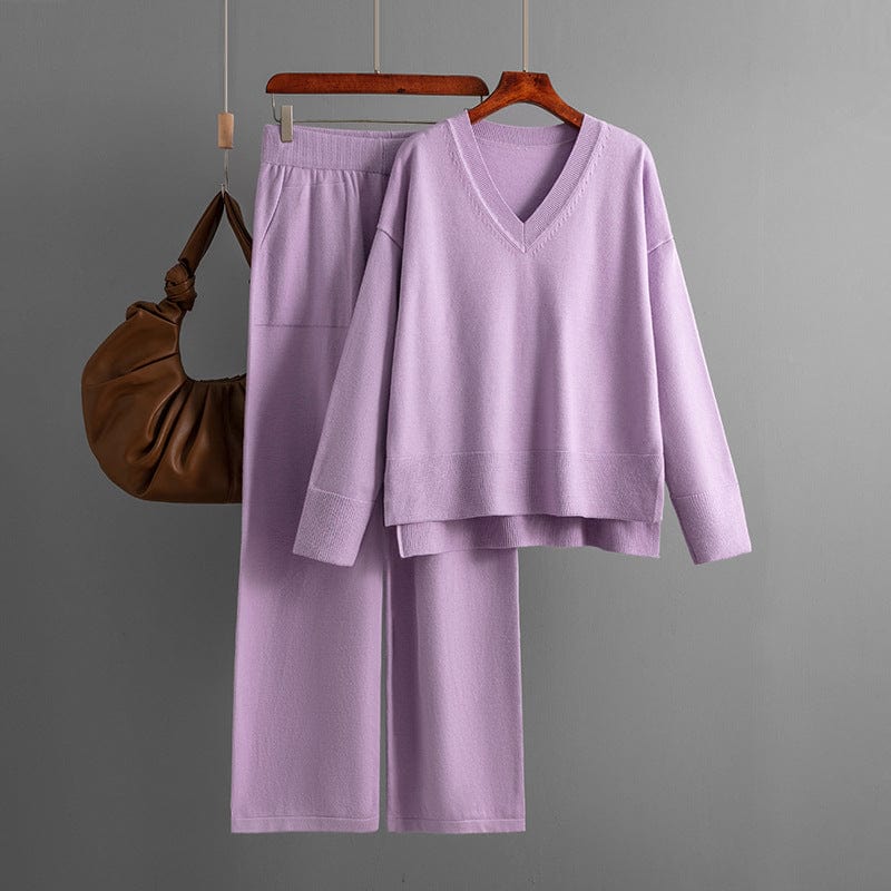 Free / Purple PDEP 2023 fashion women autumn and winter  new V-neck loose casual pullover knitted sweater and wide leg pants two piece set