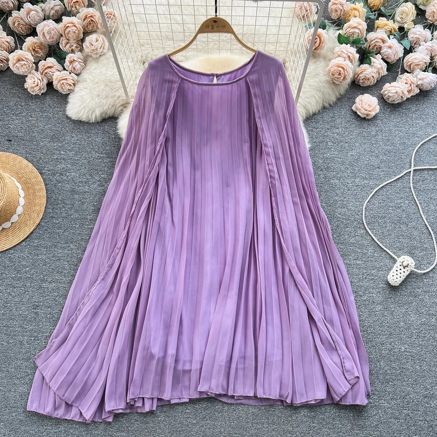 Free / Purple Peter Pan Collar Solid Pleated Dress Autumn Draped High Waist Midi Dress Ladies Elegant Dresses Clothes Women