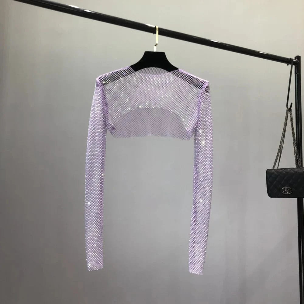 Free / Purple / Polyamide W-S1141A Women Colorful Rhinestones Long Sleeve Crop Top Glitter Drill Shawls Shrug See Through Fishnet Cover Up Clubwear