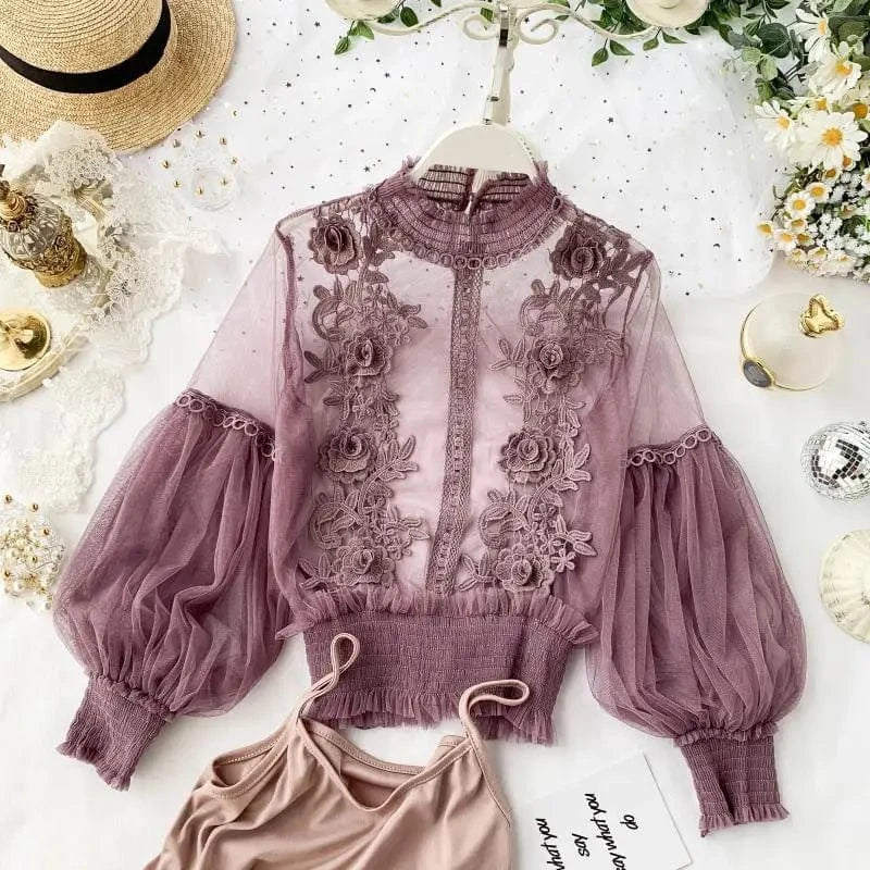 Free / Purple / Polyester / Cotton Sweet mesh half-high collar three-dimensional lace flower Western style lantern sleeve base sling two-piece lace shirt top