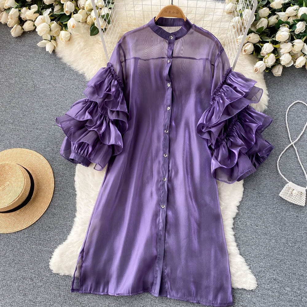 Free / Purple Spring New European And American French Lotus Leaf Sleeve Loose Shirt Casual Dress