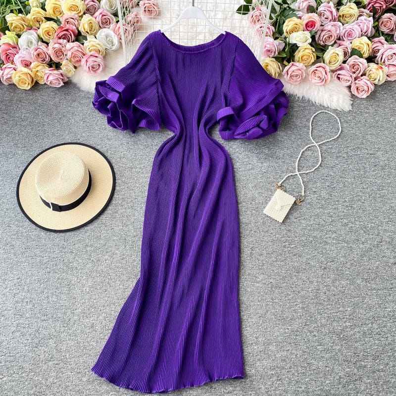Free / Purple Spring Summer Elegant Free Size Solid Color Crew Neck Short Flare Sleeve Casual Dress Women Long Ruffle Dresses