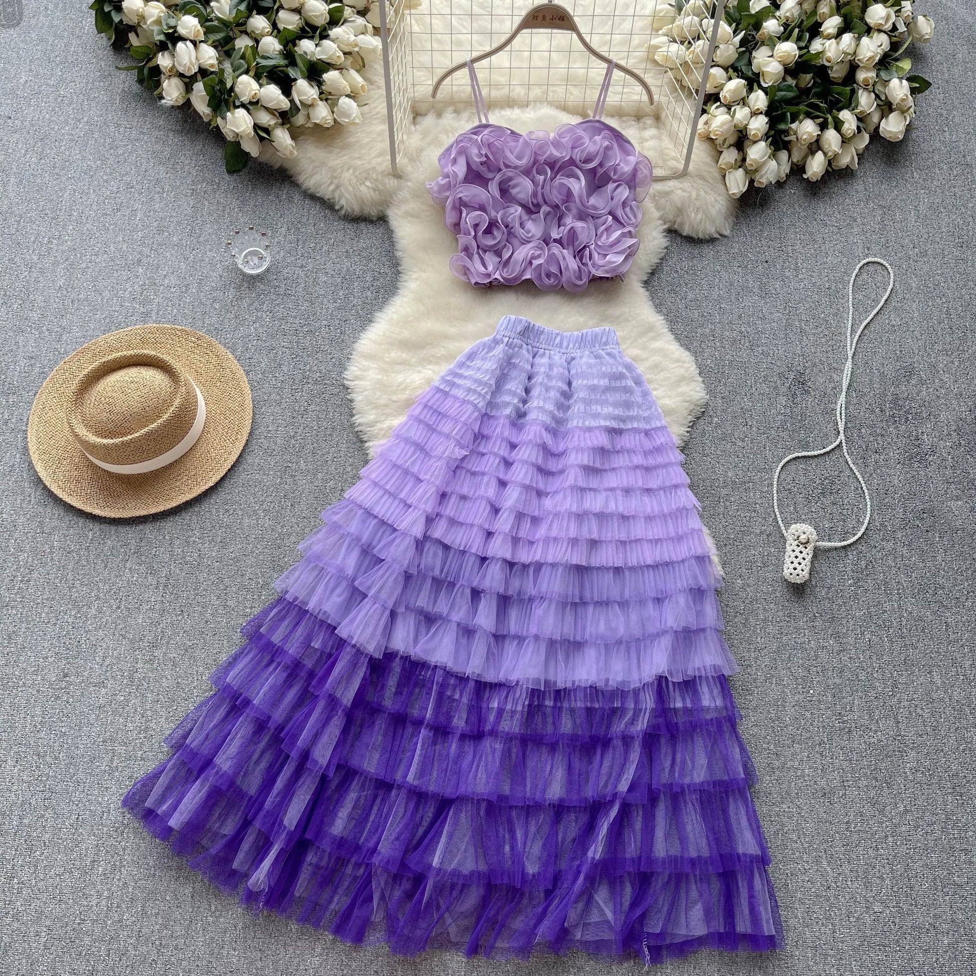 Free / Purple Suit Female Three-Dimensional Flower Net Yarn Suspender Small Vest Fairy Net Yarn Long Skirt Two-Piece Set