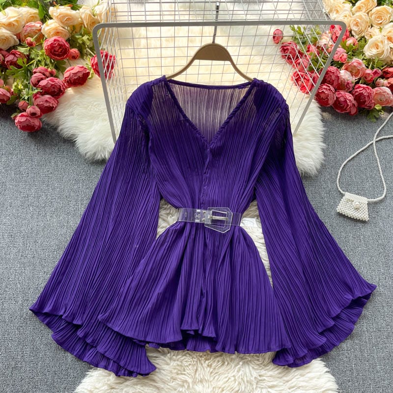 Free / Purple Summer Fashion Casual Street Shirts Women's Korean Chiffon Shirts Flared Sleeves V-Neck Pleated Solid Color Office Tops