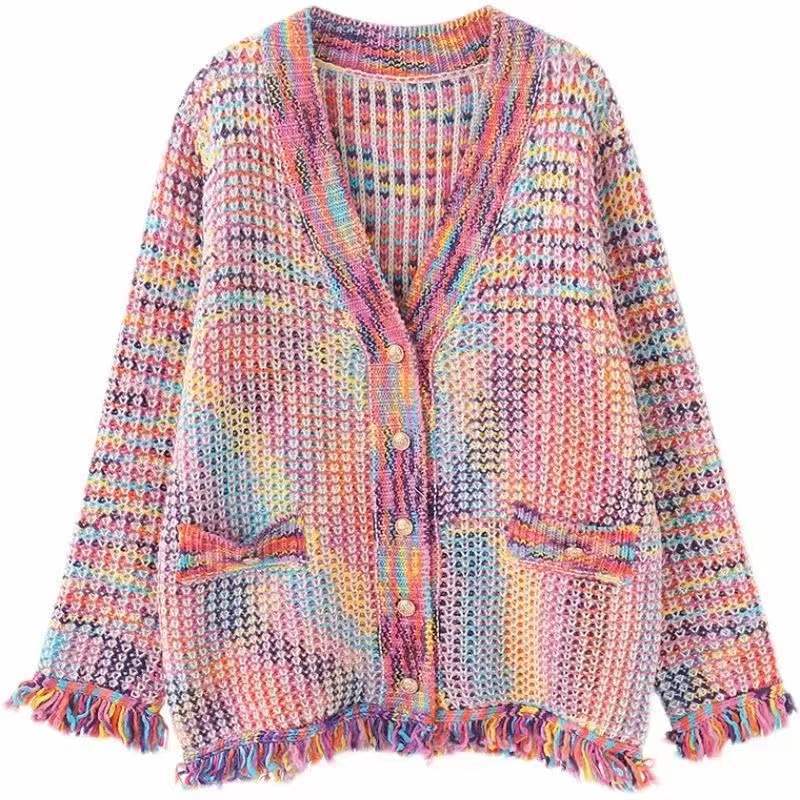 Free / Rainbow Fall winter ladies casual fringe tassel long sleeve sweater jacket coat rainbow color knit women cardigan