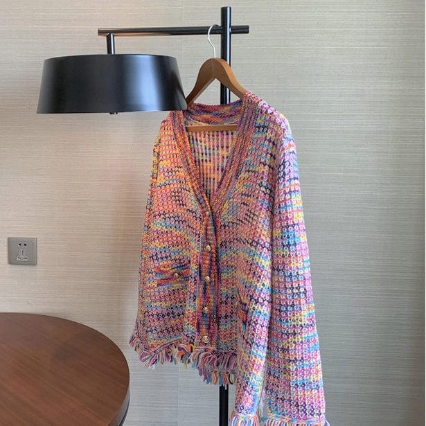 Free / Rainbow Fall winter ladies casual fringe tassel long sleeve sweater jacket coat rainbow color knit women cardigan