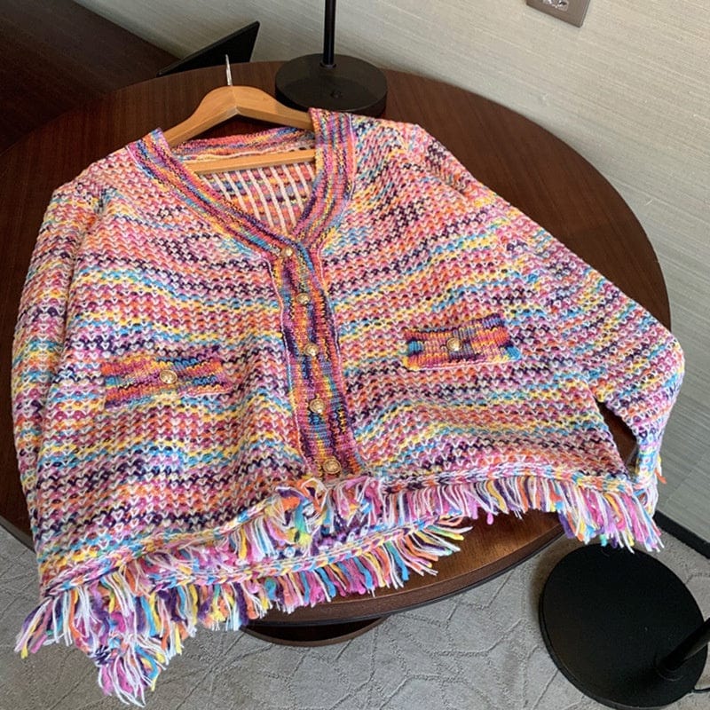 Free / Rainbow Fall winter ladies casual fringe tassel long sleeve sweater jacket coat rainbow color knit women cardigan