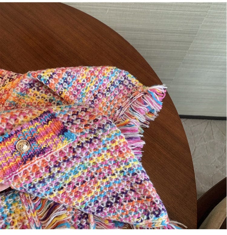 Free / Rainbow Fall winter ladies casual fringe tassel long sleeve sweater jacket coat rainbow color knit women cardigan