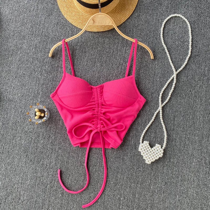 Free / Red Amazon Hot Hale 15 Colors Women Summer Solid Spaghetti Strap Boob Tube Tank Top Ladies Drawstring Crop Tops