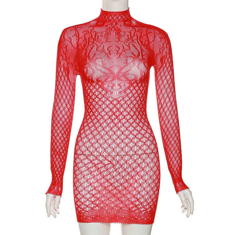Free / Red C1877 Spring 2023 Women's New Sexy Hollow Round Neck High Waist Short Dress Night Club