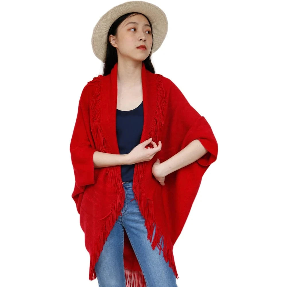 Free / Red Casual Style Turn-down Collar And Tassels Acrylic Cashmere Knit Female Plus Size Shrugs For Dresses