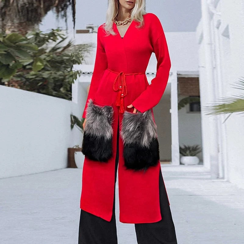 free / Red CHICEVER V Neck Long Sleeve High Waist Patchwork Pockets Winter Jackets For Women 2023