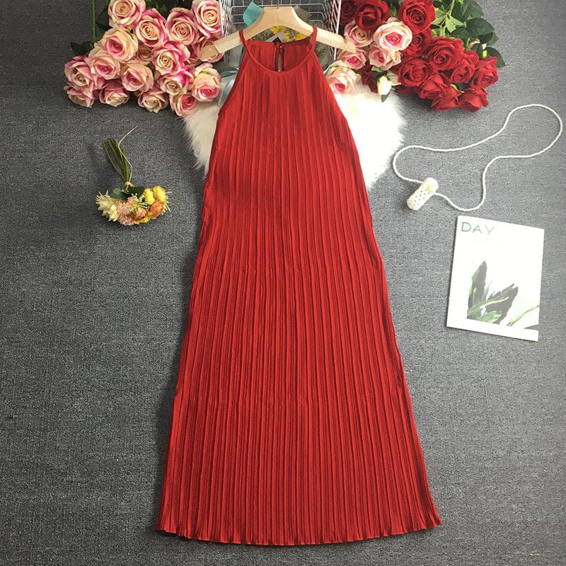 Free / Red Coldker Holiday Beach Sleeveless Halter Dress Multicolor Pleated Design High Waist A Line Vestido Sexy O Neck Pullover Ropa