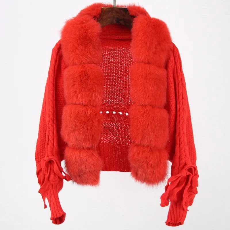 Free / Red Fashion Short Sweater Coat Luxury Real Fox Fur Trimming Cardigan for Women