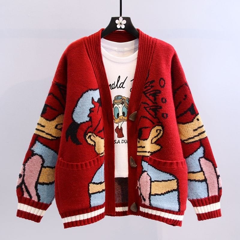 free / Red Japanese Style Cartoon Jumper Jacket Female Autumn And Winter ANSZKTN Loose Outer Thick Knitted Cardigan