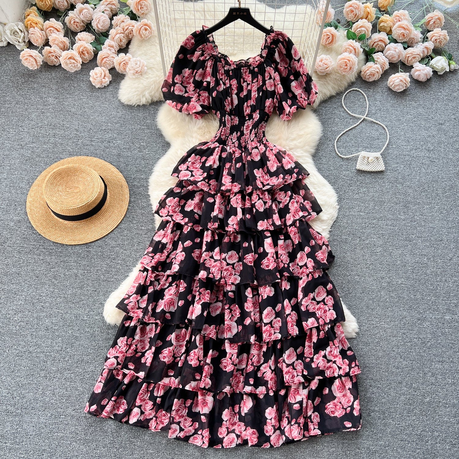 Free / Red New Retro Romantic Sense Floral Dress Female Summer Bubble Sleeve Waist Design Niche Chic SeniorSsense Cake Dress