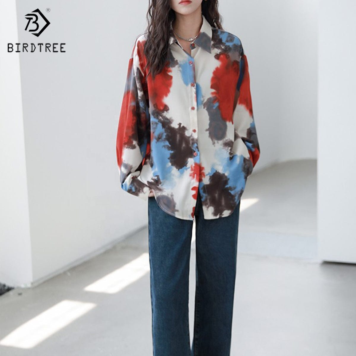 free / Red New Spring Women's Oversize Satin Shirts Spring Solid Colors Tops Workwear Casual Shirt Autumn Wholesale T33413X
